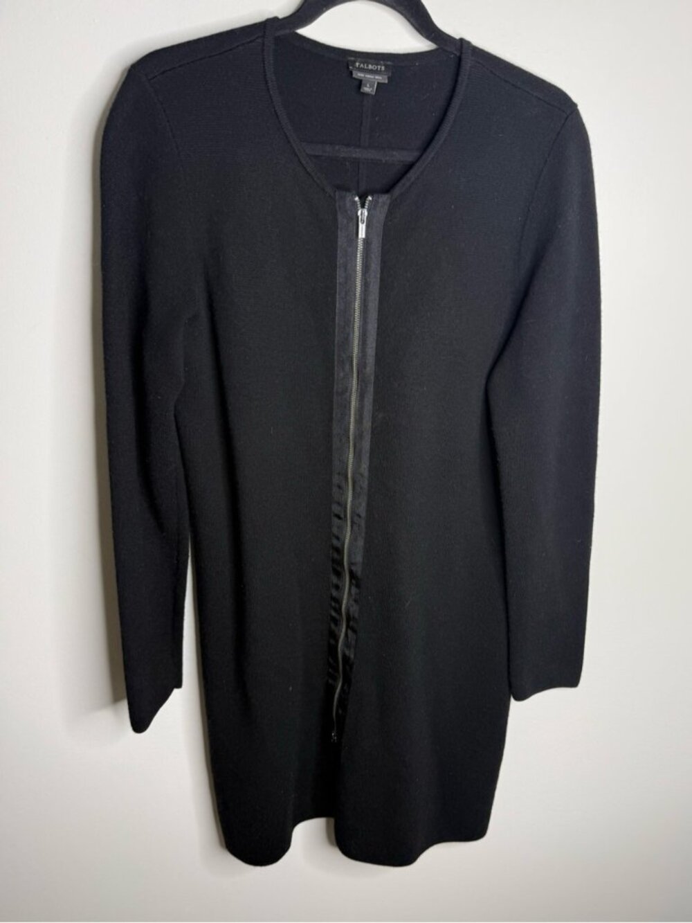 Talbots Black Long Zip-Front Knit Coat cardigan merino wool size large